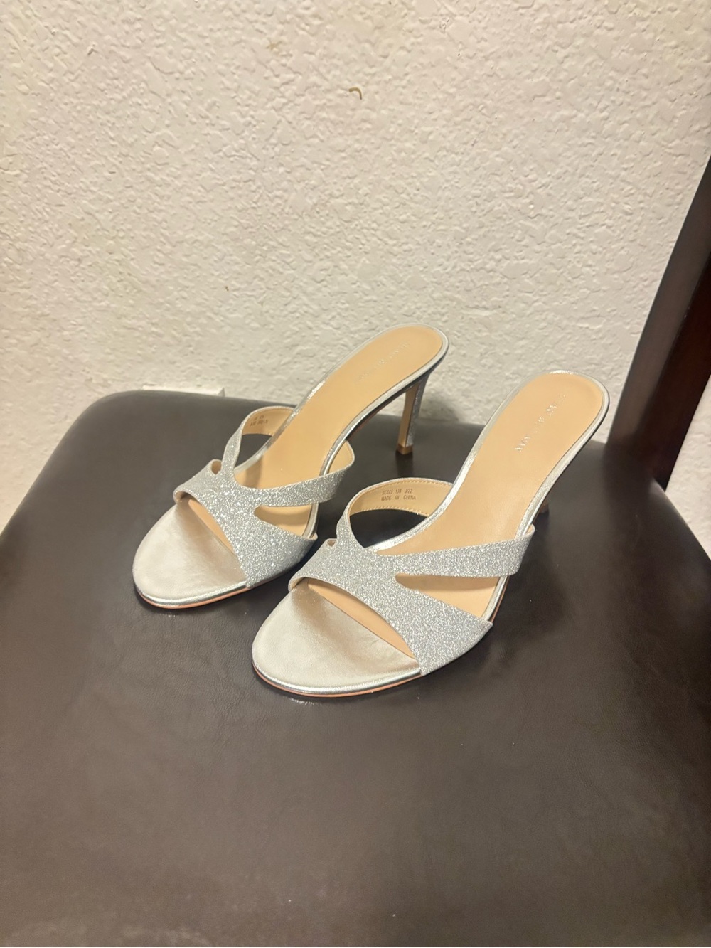 Stuart Weitzman Glitter Strappy Silver Open-Toe Mule Heels